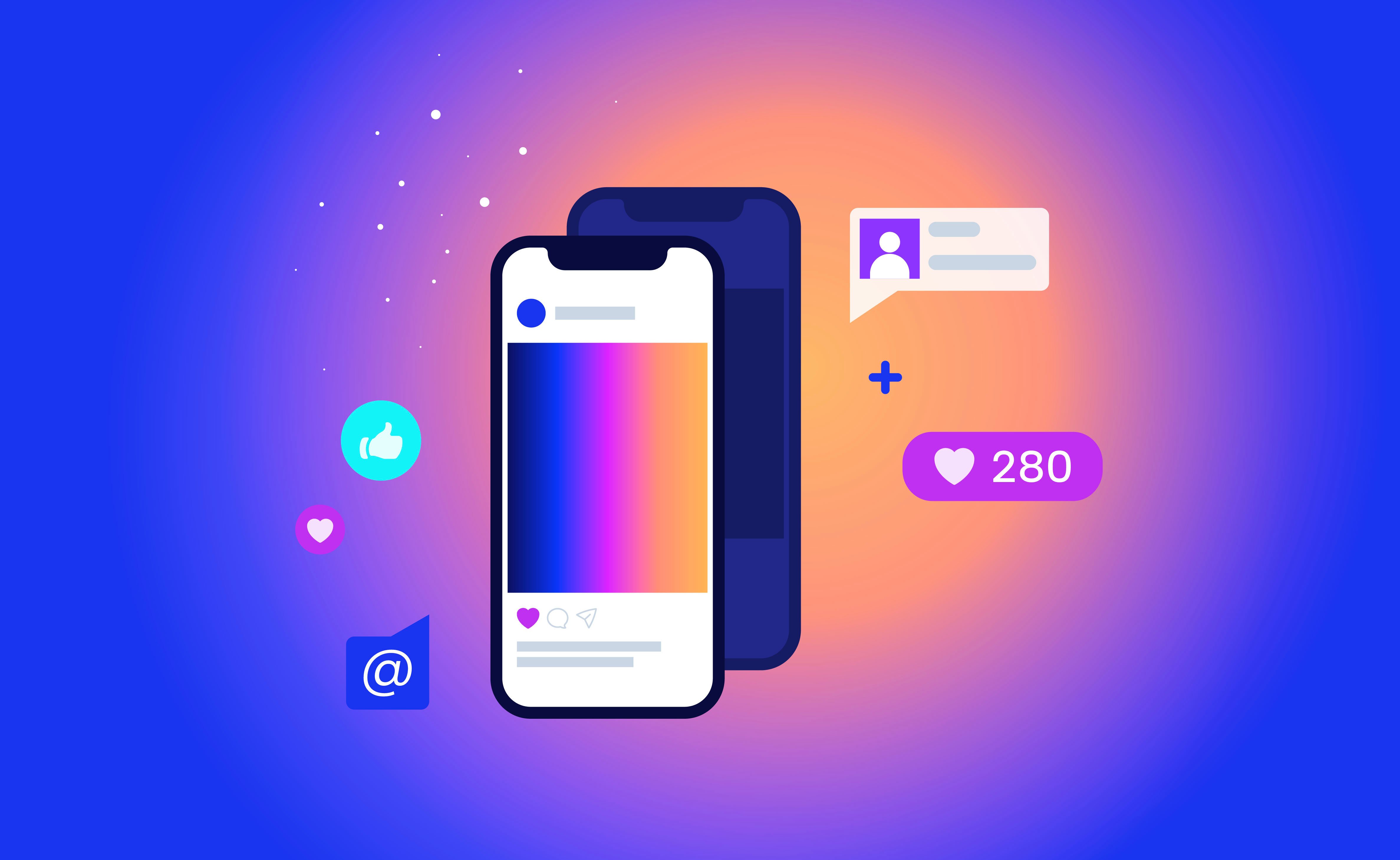 mobile phone displaying a social media post, surrounded by icons for likes, comments, and engagement metrics