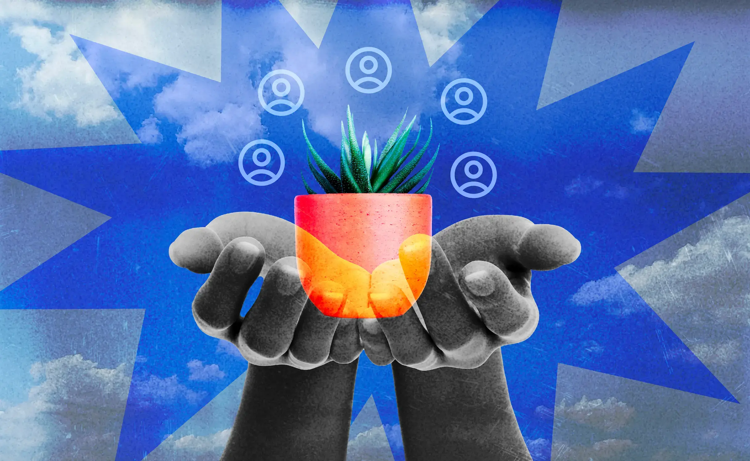 Hands gently cradle a small plant, surrounded by various social media icons, symbolizing growth and connection.